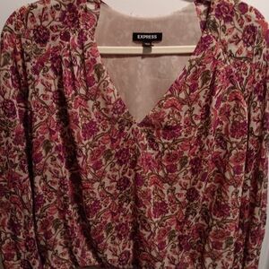 Express Pink & Olive Green Floral V-Neck Blouse